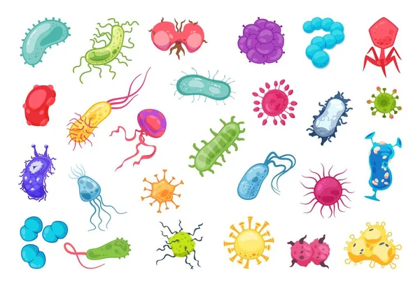 ウイルス感染症。漫画微生物、カラフルな細菌。電子顕微鏡、微生物科学研究を通して見る。触角と鞭毛を持つ病原体ベクターセット — ストックベクタ