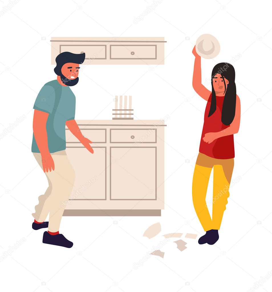 Family conflict. Couple quarrels. Wife and husband relationship disagreements. Woman beats dishes in kitchen. Partners emotional conversation with broken tableware, vector illustration