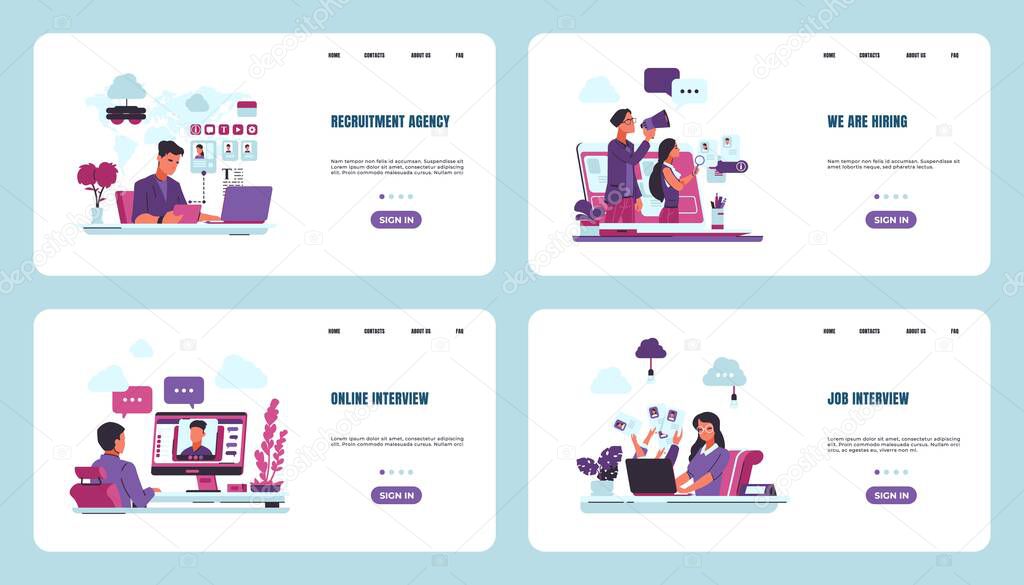 Recruitment landing page. Website interfaces templates for HR agency. Job interview and employment search, concept of human resources and labor workers. Vector online headhunter set