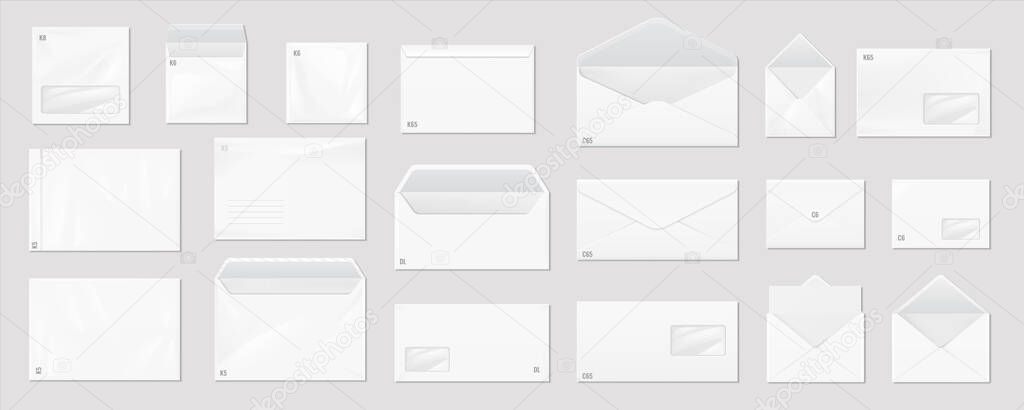 White envelope. Realistic mail mockup. Blank correspondence package for branding and advertising. Open and close letters with size marking and place for address. Vector postage set