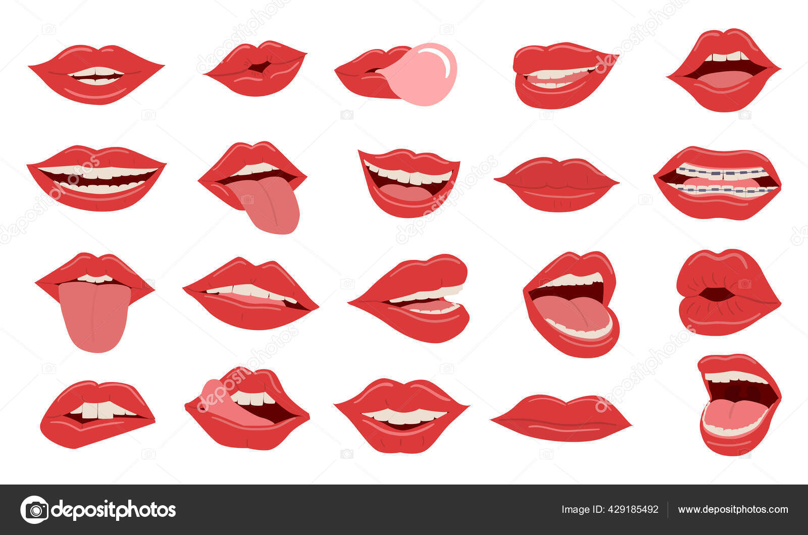 Image vectorielle Lèvres. Femme réaliste sourire fermé et bouche ouverte  avec les dents et la langue. Publicité pour les cosmétiques et le  maquillage, clinique dentaire et modèle d'impression textile. Ensemble  d'expression faciale, image size:1600x1060