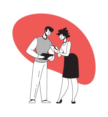 Erkek ve kadın aletlerle iş tartışır. Konuşan ve akıllı aletler tutan insanlar. Ekip çalışması ve elektronik aletlerle iletişim. Yeni web teknolojileri veya yazılımlar, vektör illüstrasyonu