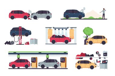 Araba servisi. Araba kazaları ve araç kullanımı. Atölye kontrolü ve onarım. Araba yıkama ya da araba kazaları sigortası. Yakıt ikmali, yağ değişimi. Vektör otomatik sahiplik ayarlandı