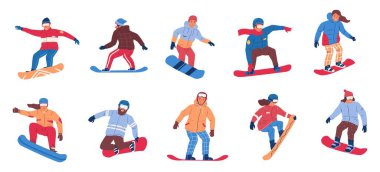 Snowboard. Kış aşırı faaliyet. Snowboard 'a binen insanlar. Erkekler ve kadınlar spor kıyafetleri, miğferler ve gözlük takıyor. Dağ beldesi ya da spor giyim mağazası reklamı, vektör seti