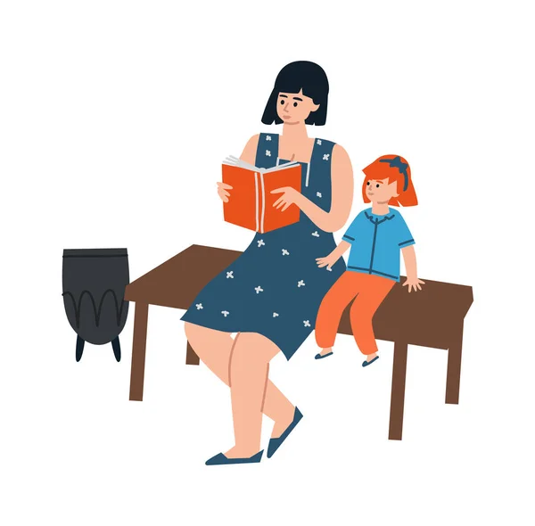 Mãe e filha lendo livro. Pessoas sentadas no banco no parque. Os adultos ensinam crianças. Conto de fadas ou literatura em desenvolvimento. Descanso passatempo ao ar livre e lazer, ilustração vetorial —  Vetores de Stock