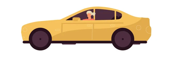 La mujer monta en coche. Transporte amarillo moderno. Vehículo de conducción femenina de dibujos animados. Auto personal aislado para moverse por la ciudad o viajar en automóvil. ilustración de transporte vectorial — Archivo Imágenes Vectoriales