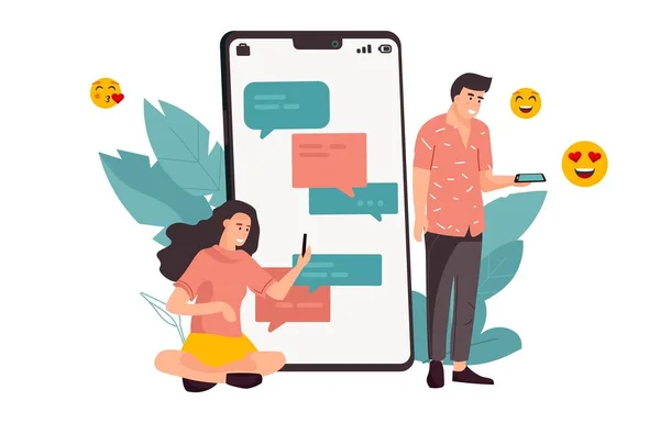 Conversa telefónica. Cartoon homem e mulher trocar mensagens no aplicativo móvel. Pessoas segurando dispositivos eletrônicos e emoji com corações. Mensageiro online, conceito de relacionamento social vetorial —  Vetores de Stock