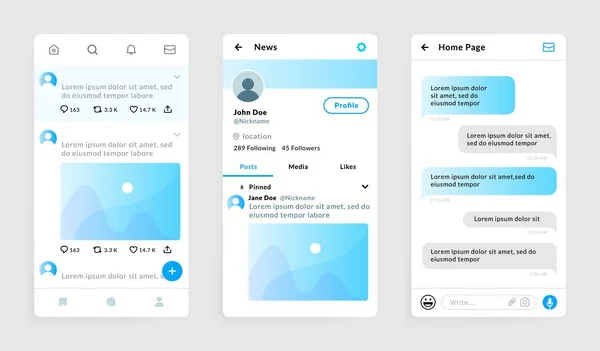 Plantillas de aplicación Messenger. Interfaces de teléfonos inteligentes de cuentas sociales. Pantalla táctil con opciones y botones. Perfil de usuario UI móvil. Redes sociales y blog maqueta. Juego de chat online de vectores — Vector de stock