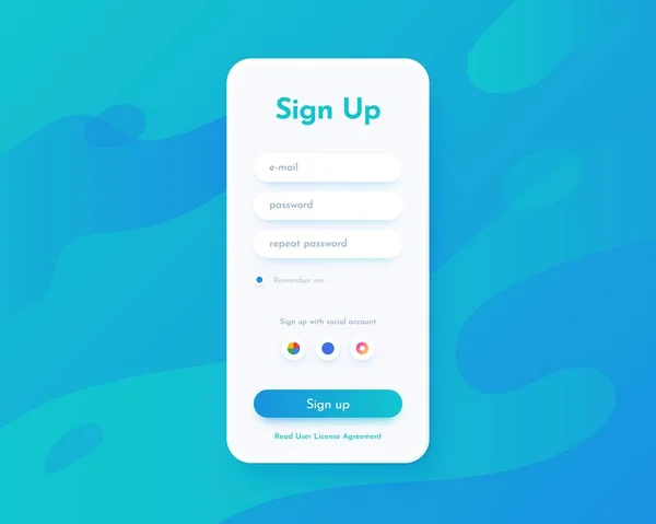 Iscriviti schermo. Mobile app UI per la registrazione con campi e pulsanti di login e password. Mockup pagina web del telefono. Interfaccia del sito web per l'accesso all'account. Modello di profilo internet vettoriale — Vettoriale Stock