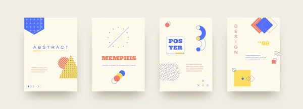 Carteles de Memphis. Formas geométricas abstractas. Círculos minimalistas, triángulos o cuadrados con gotas y líneas. Folletos gráficos para invitaciones, web y publicaciones en redes sociales. Conjunto de banner vectorial — Vector de stock