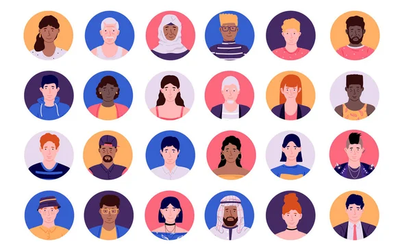 People face avatars. Cartoon smiley multiethnic persons, social media male and female profile circle icons collection, modern colorful group of diverse human. Vector isolated heads set