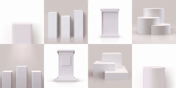 Witte sokkel. Lege 3D blok podium podium voor galerij of realistische pilaar staan. Blanco rechthoekvormen en cilinders. Platformen voor museumtentoonstelling. Geometrische vectortribunes ingesteld — Stockvector
