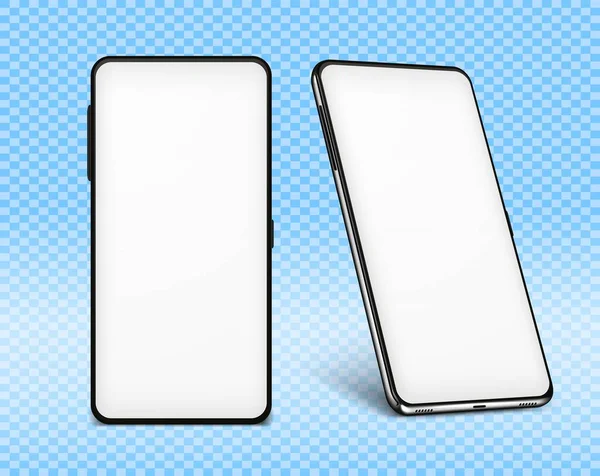 Phone mock up white. Two cellphone design 3d mockups. Vector illustration smartphone isolated on transparent background — Stock Vector
