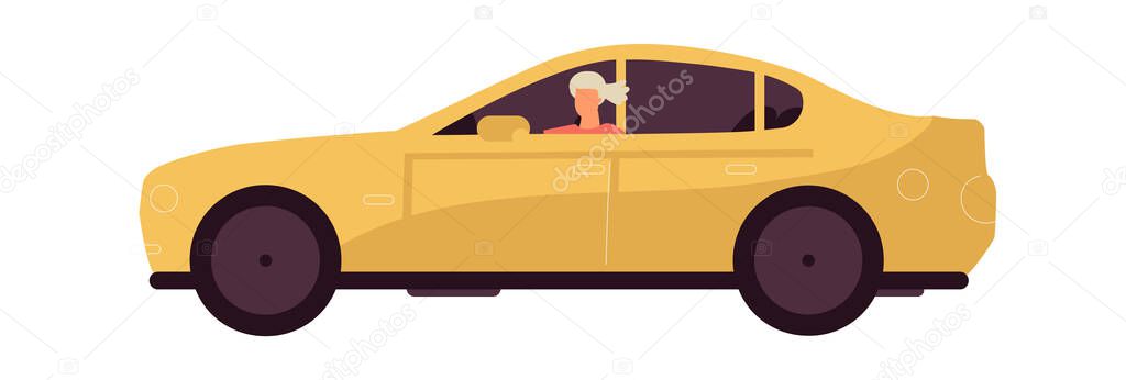 Woman rides car. Modern yellow transport. Cartoon female driving vehicle. Isolated personal auto for moving around city or traveling by automobile. Vector transportation illustration
