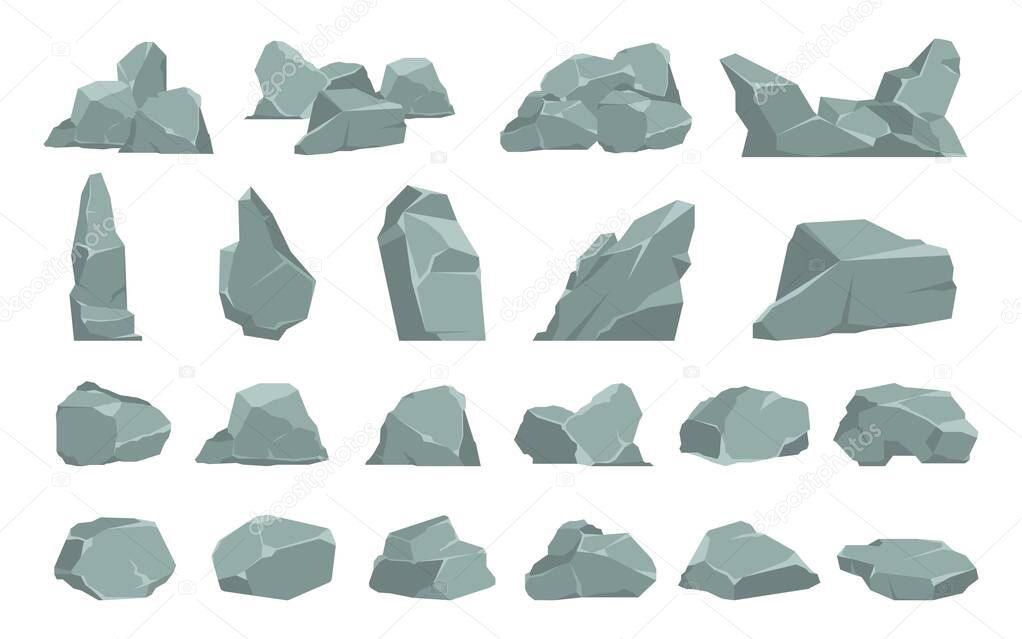 Cartoon stones. Heavy gray boulder. Rough solid natural material. Single or compositions of cobbles. Debris or garden decoration. Geological research. Vector pieces of mountains set
