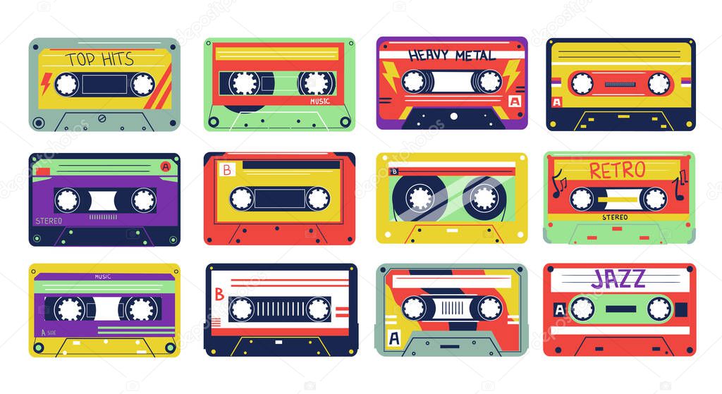 Cassette. Retro song tapes. Colorful multimedia device. 80s or 90s old analog records. Pop, rock and jazz music. Hipster decoration template, old-school textile print. Vector sound set