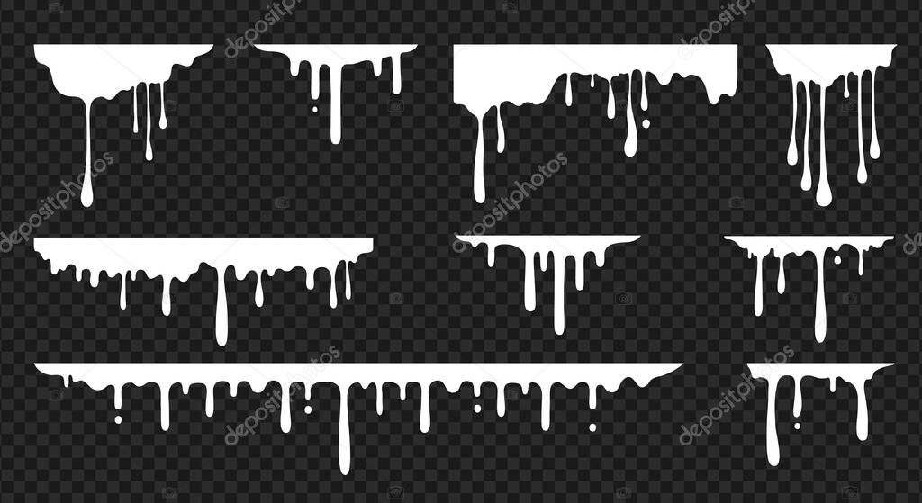 White dripping stain. Realistic melt drips. Liquid horizontal paint splash. Daily products or sauce blobs. Mockup of flow down effects on transparent background. Vector templates set