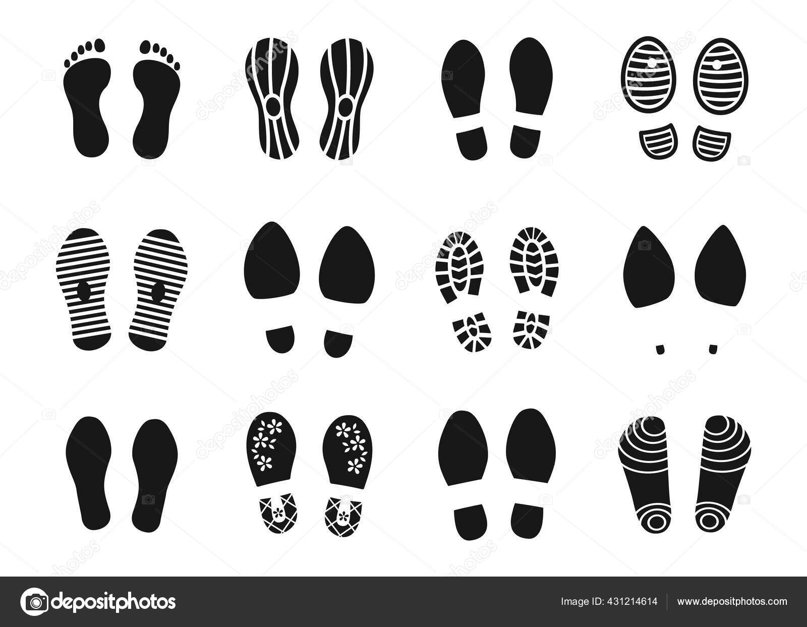 sign. Contour footprints. Collection of prints of shoes or bare feet. heels, classic or sport footwear, trails of men or women. Track for navigation service, vector set Stock Vector by ©