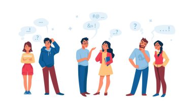 Konuşan insanlar. Kadın ve erkek iletişimi. Soran, düşünen ve merak eden erkek ve kadın koleksiyonu. Konuşma baloncukları olan kafası karışmış insanlar. Vektör kötü konuşma ayarlandı