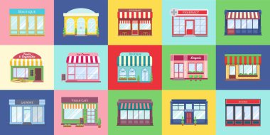 Alış veriş binaları. Çizgi film dükkanının ön yüzü. İçinde eczane, butik, kafe ve kitapçı olan düz renkli kartlar. Kapısı, penceresi ve tabelası olan evlerin önü. Vektör şehir tablosu