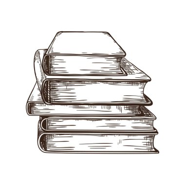 El çizimi kitap. Bir yığın retro ders kitabı. Hardcover yayınları. Taslak çizimi. Logo, amblem ve etiket için kitaplık ya da kitapçı şablonu. Vektör kurgu illüstrasyonu