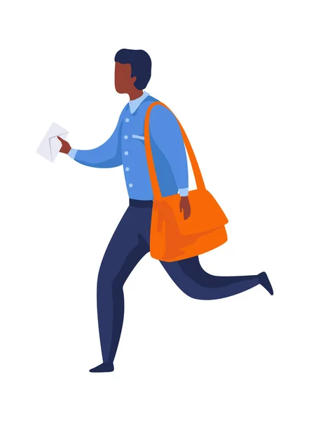 郵便配達人は手紙で走る。郵便ポスト、ロジスティックサービス漫画ベクトルフラット文字で手紙、封筒メッセージと小包エクスプレス配信を提供青い制服と大きな袋でMailman — ストックベクタ