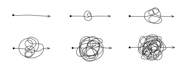 Unordentliche Symbole. Einfache und komplexe Linien. Pfeile, die vom Punkt ausgehen, verworrene Streifen. Geometrische Elemente, verwirrende Routen und Fahrtrichtungen. Schwieriger Prozess, minimalistisches Vektorset — Stockvektor