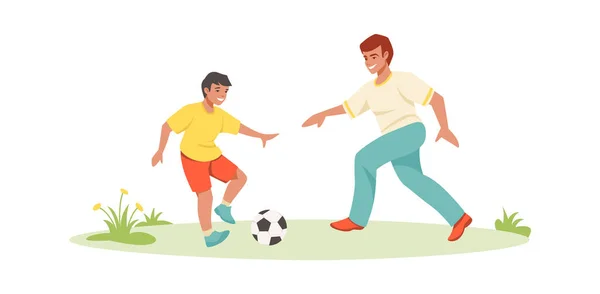 Pai e filho a jogar futebol. Cenas de família. Desenhos animados atividades esportivas, exercício com bola e treinamento. Passatempo de lazer e hobby. Vetor pai e filho passando tempo juntos — Vetor de Stock