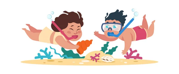 Kids diving. Cartoon children swimming underwater with goggles and snorkels. Girls and boys dive for seashells and corals. Travel to seashore, beach recreation. Vector extreme activity