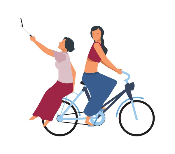 Gente en bicicleta. Mujeres lindas montando en bicicleta. Chicas conduciendo bicicleta y haciendo selfie. El ciclista transporta pasajeros. Transporte ecológico, ocio y desplazamientos por la ciudad, vehículo vectorial — Vector de stock