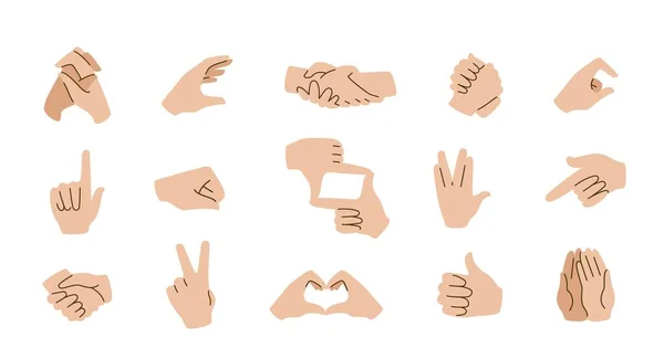 Hand gebaren emoticons. Communicatie iconen met wijzende vingers, open handpalmen, armen en vuisten. Handdrukken, vredes- en overwinningssymbolen, hart en camera 's. Vector emoji stickers set — Stockvector