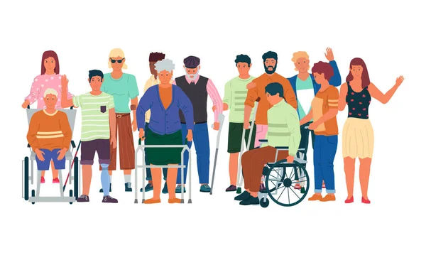 Diverse persone disabili. Disabili uomini e donne con lesioni fisiche, mobilità ridotta. Trattamento e riabilitazione, sostegno alle disabilità umane. Illustrazione dell'assistenza sanitaria vettoriale — Vettoriale Stock