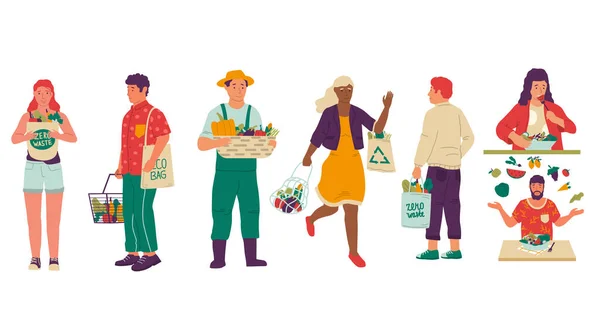 Vegan lifestyle. People with organic food and natural products. Isolated men and women carrying eco bags with purchases, growing vegetables and fruits. Vector young vegetarians set — Stock Vector