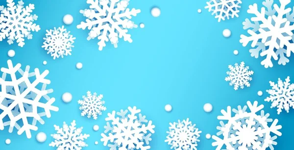 Papel cortado copos de nieve de fondo. Fondo de pantalla de vacaciones de invierno con el elemento origami de la caída de la nieve en azul, Navidad y Año Nuevo ilustración horizontal banner vector con espacio de copia — Vector de stock