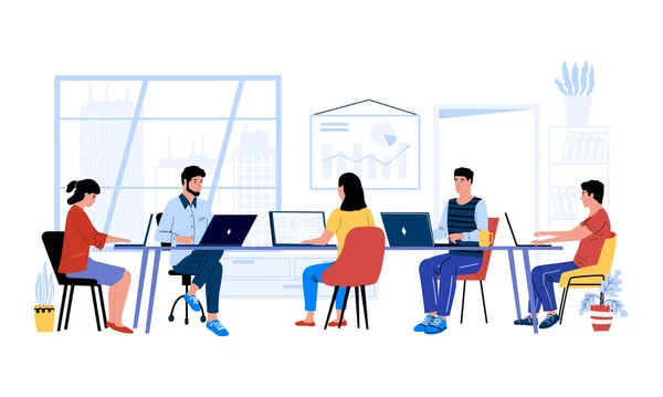 La gente en el escritorio. Hombres y mujeres trabajando juntos en el proyecto. Compañeros de oficina y compañeros de coworking. Interior del espacio de trabajo. Comunicación y proceso de negocio. Ilustración del espacio de trabajo vectorial — Archivo Imágenes Vectoriales