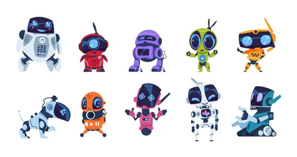 Robots modernos. Mascotas amistosas de dibujos animados. Asistentes personales. Colección de juguetes mecánicos. Inteligencia artificial o tecnologías de innovación científica. Máquinas de automatización vectorial — Vector de stock