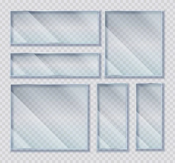 Glass plates set. Acrylic frames banners on transparent background collection, realistic square plastic protective screen on wall, picture border template vector advertising mockup — Stock Vector