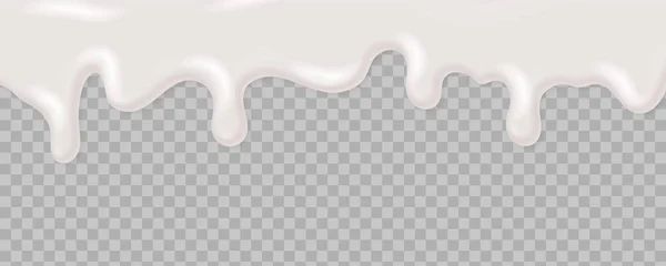 Crème de yaourt liquide réaliste. Décorer desserts, gâteaux sucrés avec glaçure. Sirop dégoulinant. Chocolat blanc qui fuit sur fond transparent. Modèle vectoriel pour l'emballage de décoration — Image vectorielle