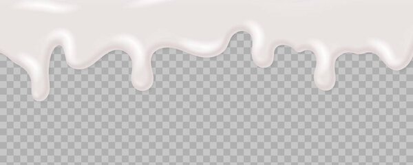 Realistic liquid yoghurt cream. Decorating desserts, sweet cakes with glaze. Dripping syrup. White chocolate leaking on transparent background. Vector mockup for decoration packaging