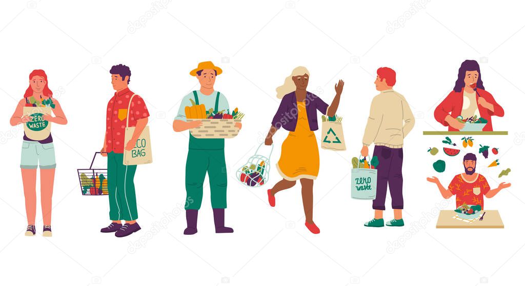 Vegan lifestyle. People with organic food and natural products. Isolated men and women carrying eco bags with purchases, growing vegetables and fruits. Vector young vegetarians set