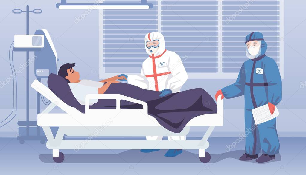 Doctors in hospital. Medical workers in personal protective suits. Patient lies on bed in hospital ward. Overalls, mask and goggles for employees. Vector infectious and viral diseases