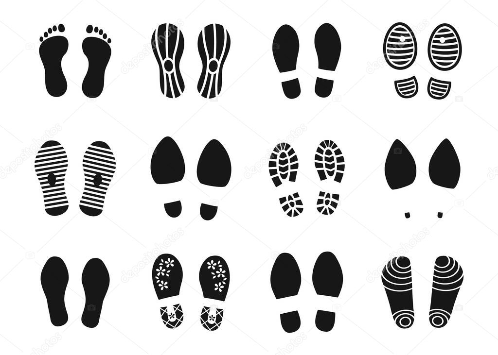 Footsteps sign. Contour footprints. Collection of prints of shoes or bare feet. On heels, classic or sport footwear, trails of men or women. Track for navigation service, vector set