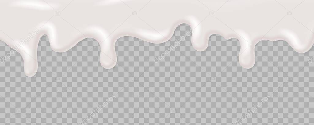 Realistic liquid yoghurt cream. Decorating desserts, sweet cakes with glaze. Dripping syrup. White chocolate leaking on transparent background. Vector mockup for decoration packaging