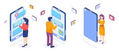Canlı sohbet. Erkekler ve kadınlar internette mektuplaşıyorlar. İnternetten mesajlaşma, mobil uygulama. İnsanlarla iletişim. İnsan ve akıllı telefon ekranları. Vektör sosyal medya ağı kavramı
