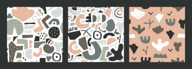 Kusursuz soyut desen. Soyut modern arkaplan, çizim sanat kolajı eğri geometri elementleri ile pastel renkler. Vektör yaratıcı tekstil ambalaj kağıdı duvar kağıdı vektör dokusu