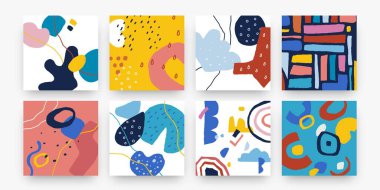 Son moda karalama posteri. Tekstil baskısı ve sosyal medya paylaşımları için modern el çizimi kalıpları karala. Vektör geometrik yaratıcı şekiller, dekoratif en küçük kare arkaplan koleksiyonu