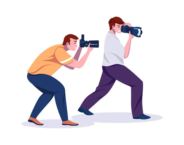 Paparazzi. Cartoon photographers with professional cameras. Smile men take pictures. Hobby or journalist career. Shoot photos in event and chase celebrities. Vector trendy specialist — Stock Vector