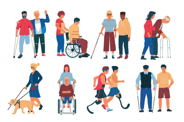 Personnes handicapées avec des amis. Hommes et femmes souffrant de troubles physiques, mobilité réduite. Personnages en fauteuil roulant et avec des cannes. Personnes handicapées avec partenaires. Ensemble de support vectoriel — Image vectorielle