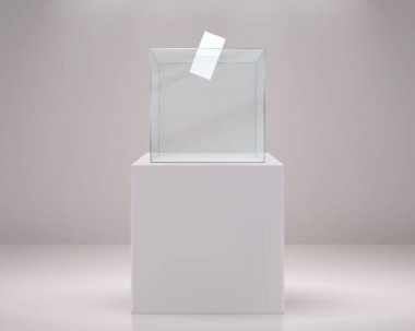 Gerçekçi oy sandığı. Seçim kâğıdı oy pusulası, beyaz kürsüde 3D saydam konteynır. Delikli ve logo için yeri olan plastik anket küpü. Vektör gizliliği olan siyasi adaylar