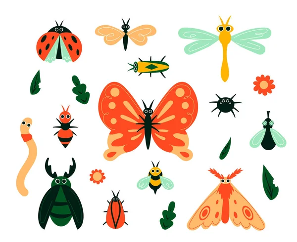 Bichos de dibujos animados. Insectos de jardín y hojas de plantas o flores. Mariposas, polillas y orugas aisladas. Escarabajos y arañas, moscas y abejas. Animales minimalistas, vector dibujado a mano conjunto — Archivo Imágenes Vectoriales